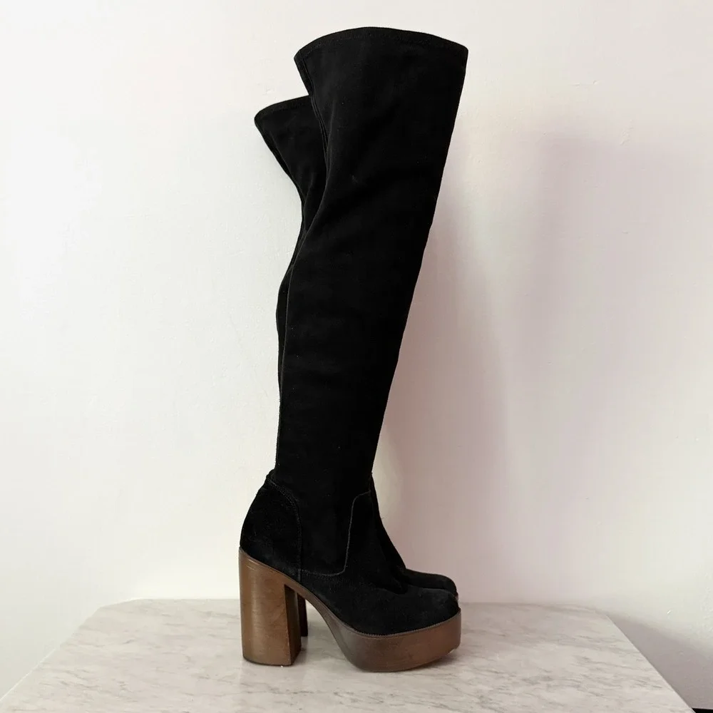 Topshop Platform Over The Knee Boots 70s Retro Black Suede 39 Wood Block Heel